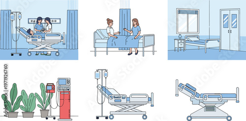 Hospital Scene Set with Patient Care, Medical Equipment, and Healthcare Interior Illustrations for Clinic Design, Treatment Environment, and Medical Facility Collection