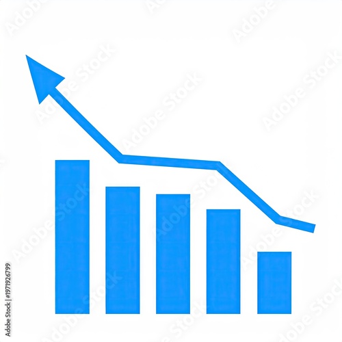 Blue chart with rising arrow and falling line, showing growth followed by decline
