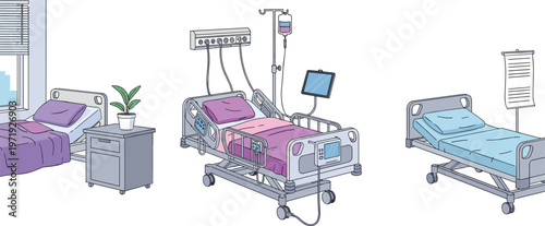 Hospital Bed Set with Medical Equipment, Patient Beds, and Healthcare Furniture in Detailed Illustration for Clinic Design, Medical Facilities, and Healthcare Collection
