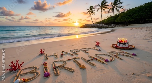 Beach birthday celebration at sunset with cake and decorative text