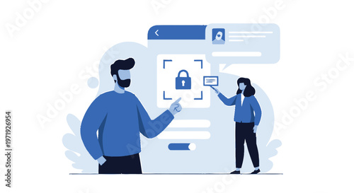 Illustration of people using mobile phone with security lock screen.