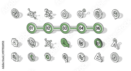 Isometric infographic elements with numbers and circular design.
