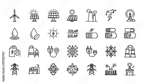 set of icons Minimal Electricity and Energy Line Icon Vector Collection for Utility and Renewable Design