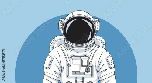 Illustration of an astronaut in a white spacesuit with a black helmet visor against a blue circular background.