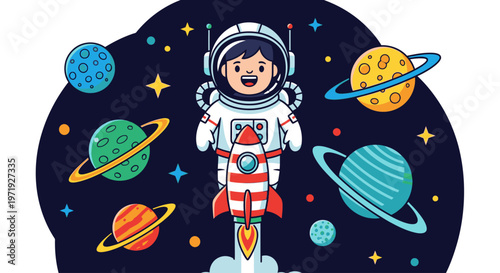 Illustration of a cartoon astronaut standing in space with planets and stars around her.