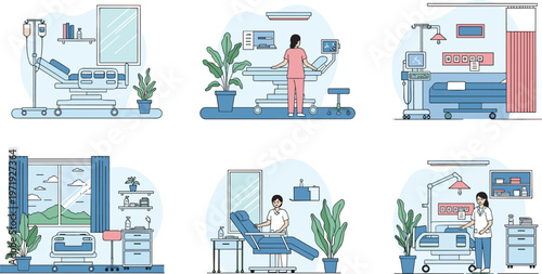 Hospital Interior Scene Set with Doctors, Patients, and Medical Equipment in Modern Healthcare Rooms for Clinic Illustration and Medical Facility Design Collection