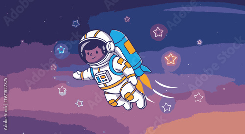 A cartoon astronaut floats through a vibrant, starry sky with a purple and orange gradient background, wearing a white and orange spacesuit with a blue backpack.