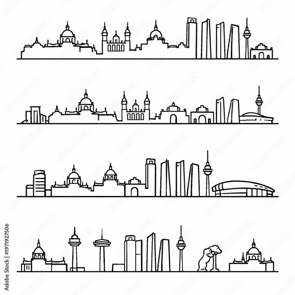 Obraz premium Elegant Minimal Skyline Vector World City Landmarks Outline Travel Illustration Set