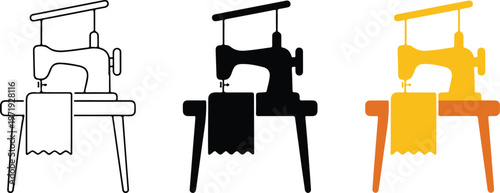 Minimalist sewing machine vector icon set featuring tailor equipment in outline silhouette and flat yellow color styles for fashion and textile design projects.