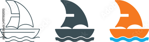 Minimalist sailboat vector icon set featuring nautical ship travel icons in outline silhouette and flat orange and blue color styles for marine navigation branding.