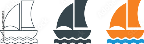 Minimalist sailboat vector icon set featuring nautical ship travel icons in outline silhouette and flat orange and blue color styles for marine navigation branding.