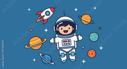 Illustration of a cheerful astronaut in a white spacesuit surrounded by planets and a rocket against a blue background with stars.