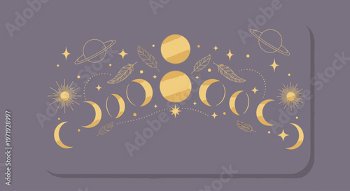 Flat design illustration of various moon phases and celestial bodies in gold on a purple background with a raised rectangle.