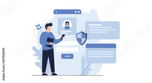 Man managing online profile security with smartphone and shield icon.