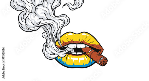 Woman's Lips Smoking Cigar with Smoke Swirls - Bold Yellow and Blue Design