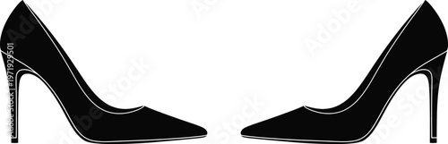 A pair of black high heeled shoes displayed in a simple isolated silhouette