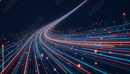 Futuristic glowing data highway with blue and orange light trails in digital space, idea for AI technology background, high speed network communication and big data innovation concept, Futuristic Digi