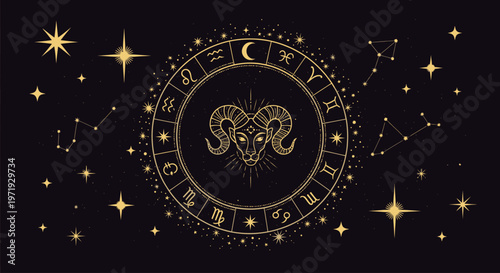 Gold zodiac symbol with stars and celestial bodies on a black background, featuring a ram's head design with astrological signs.