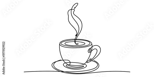 A continuous line drawing of a steaming cup of coffee sitting on a saucer against white background Vector, illustration