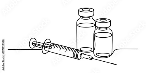 A single continuous line drawing of a medical syringe placed next to two glass medicine vials Vector, illustration