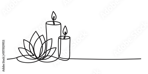 A minimalist single line drawing of a blooming lotus flower next to two lit candles for serenity Vector, illustration