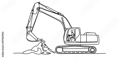A simple black and white line drawing of a construction excavator digging in a pile of dirt today Vector, illustration