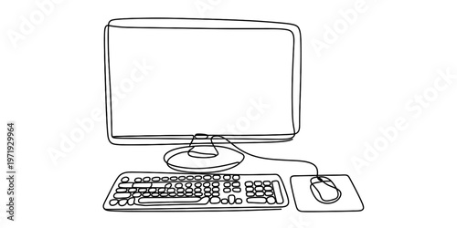 A minimalist single line drawing of a desktop computer setup featuring a monitor mouse and keyboard Vector, illustration