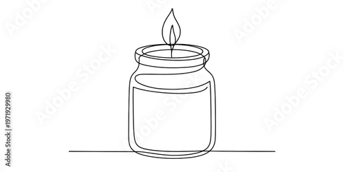 A single continuous line drawing of a lit candle inside a glass jar on a flat surface background Vector, illustration