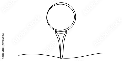 A continuous single line drawing of a golf ball resting on a tee placed on the grassy surface. Vector, illustration