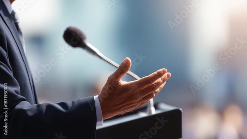 Confident speaker delivers an inspiring public speech at a podium during a professional conference. Business leader addresses audience with impactful gestures and clear communication