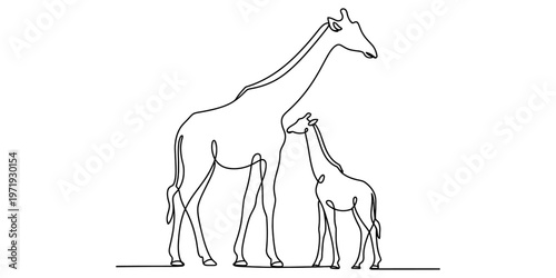 A minimalist single line drawing of an adult giraffe standing beside a small baby giraffe calf Vector, illustration