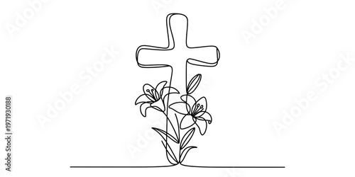 A continuous line drawing illustration featuring a christian cross symbol adorned with easter lily Vector, illustration