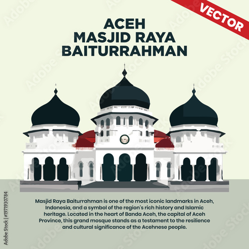 Baiturrahman Grand Mosque Banda Aceh Indonesia Landmark Vector Illustration Islamic Architecture Heritage Spiritual Tourism Destination Religious Building Graphic Element