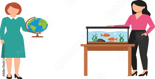 Two Professional Women with a Globe and Aquarium Flat Vector Illustration Set