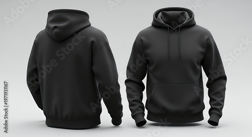 Maqueta de sudadera de color negra con vista frontal y posterior hoodie mockup clothing design fashion casual hoodie isolated blank apparel cotton template