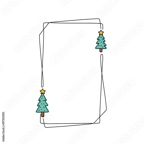 Holiday-themed frame design with Christmas trees and abstract outline  