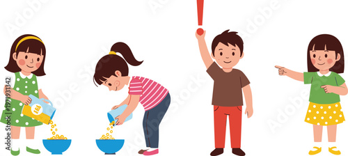Vector Illustration of Children Preparing Snacks, Holding Flags, and Pointing, Representing Fun Activities and Playful Moments
