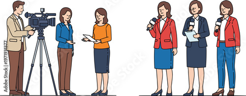 Vector Illustration of a News Reporter and Camera Crew, Interviewing and Reporting on Television, Representing Journalism and Media Production