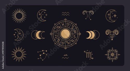 A gold-colored astrology chart with zodiac symbols and moon phases on a black background with a central circle design.