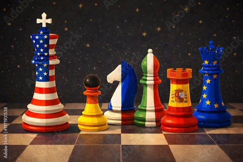 Global Geopolitics Chess Concept Featuring USA, Germany, France, and India as Strategic Powers in a Symbolic Political Game