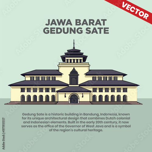 West Java Gedung Sate Bandung Vector Illustration, Indonesian Government Building Landmark, Neoclassical Architecture Design, Bandung City Icon, Heritage Travel Poster Graphic Art