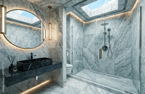 A bathroom detail with gold faucets, light fixtures, and mirrors, a wood cabinet, large marble slab countertop, and a subway tile shower.