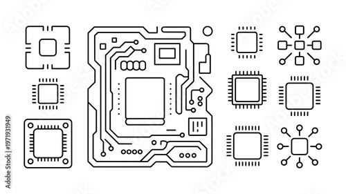 Minimal Circuit Board Line Icon Set Technology and Digital Network Symbols