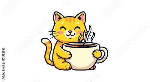 Cute cartoon ginger cat holding a steaming mug of coffee, isolated on white background