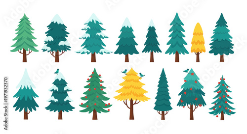 Collection of Cartoon Christmas Trees with Snow and Decorations