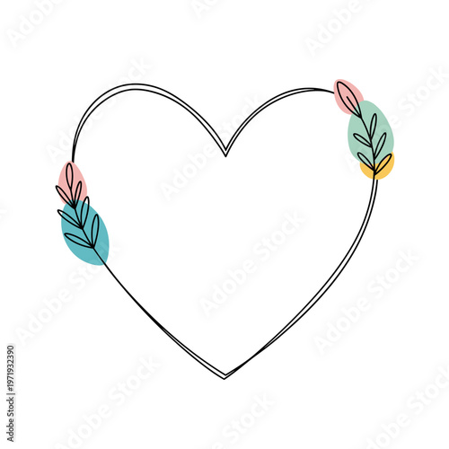 Simple heart outline decorated with colorful leaves and flowers