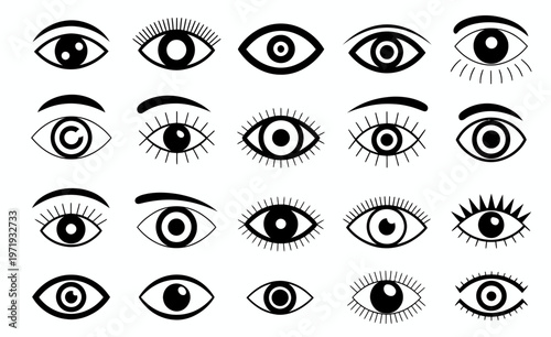 Twenty black and white stylized eye with varied eyelashes and pupils