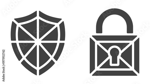 Two abstract one resembling a shield with geometric patterns and the other a padlock with a keyhole