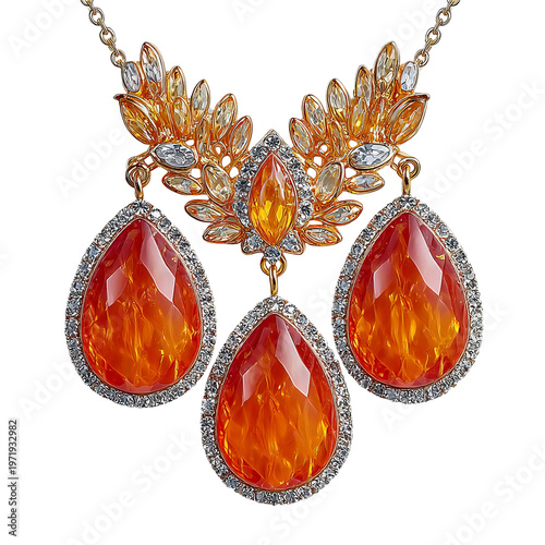 Ornate gold necklace with orange gem pendants on a black background