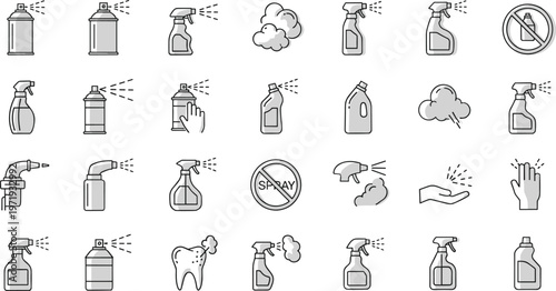 Spray bottle aerosol and disinfectant icons set featuring cleaning mist sanitizer symbols vector outline collection isolated background design